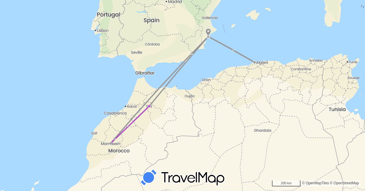 TravelMap itinerary: driving, plane, train in Algeria, Spain, Morocco (Africa, Europe)